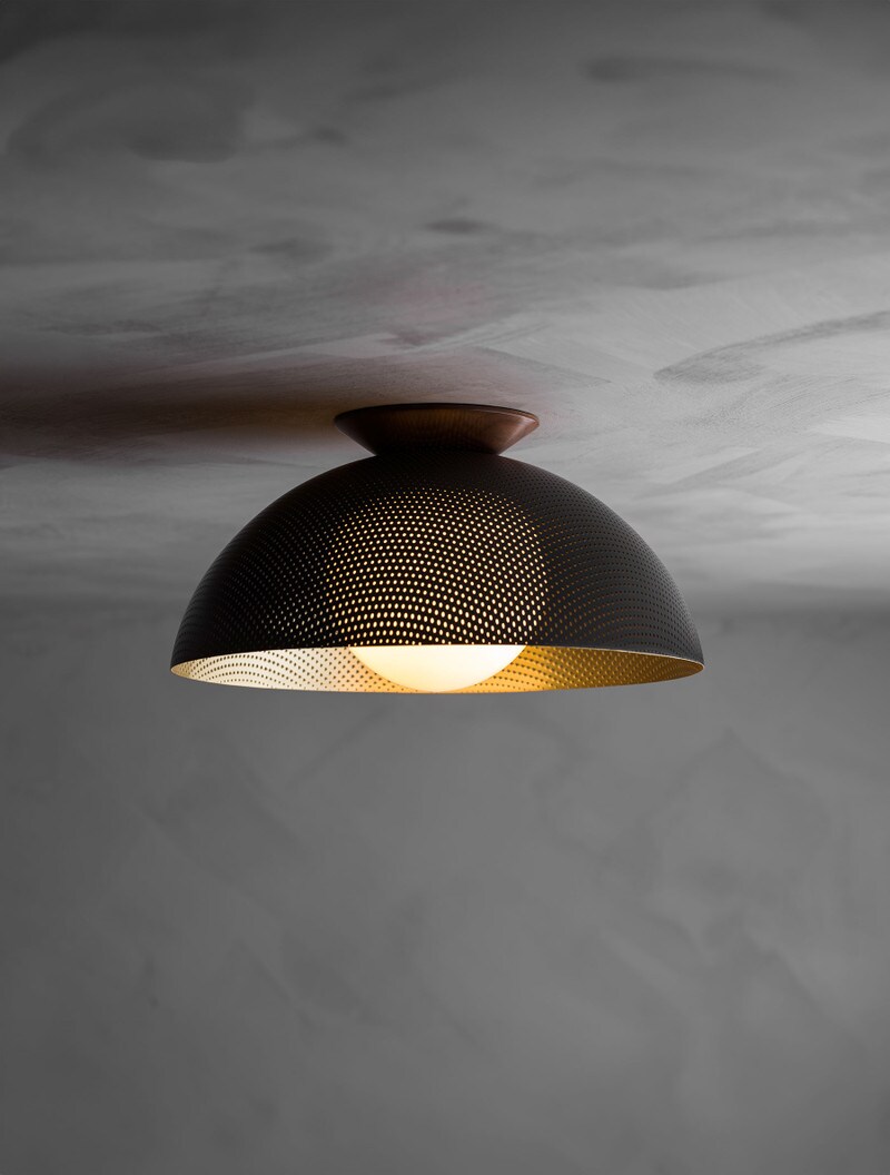 Flush Half-Dome 14" Perforated shown in Maker Black, Black Walnut, Opal Globe
